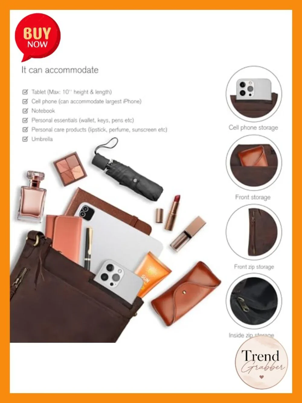 Genuine Leather Crossbody Sling Bag for Women - Medium Shoulder Purse with